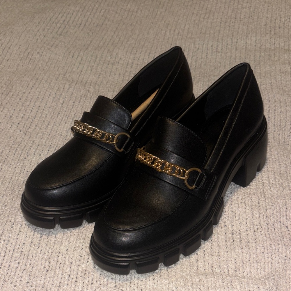 Black Loafers with Gold Chain Accent